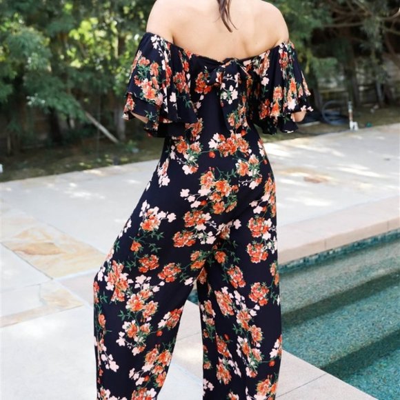 Off shoulder Floral Print Jumpsuit black - Picture 5 of 5